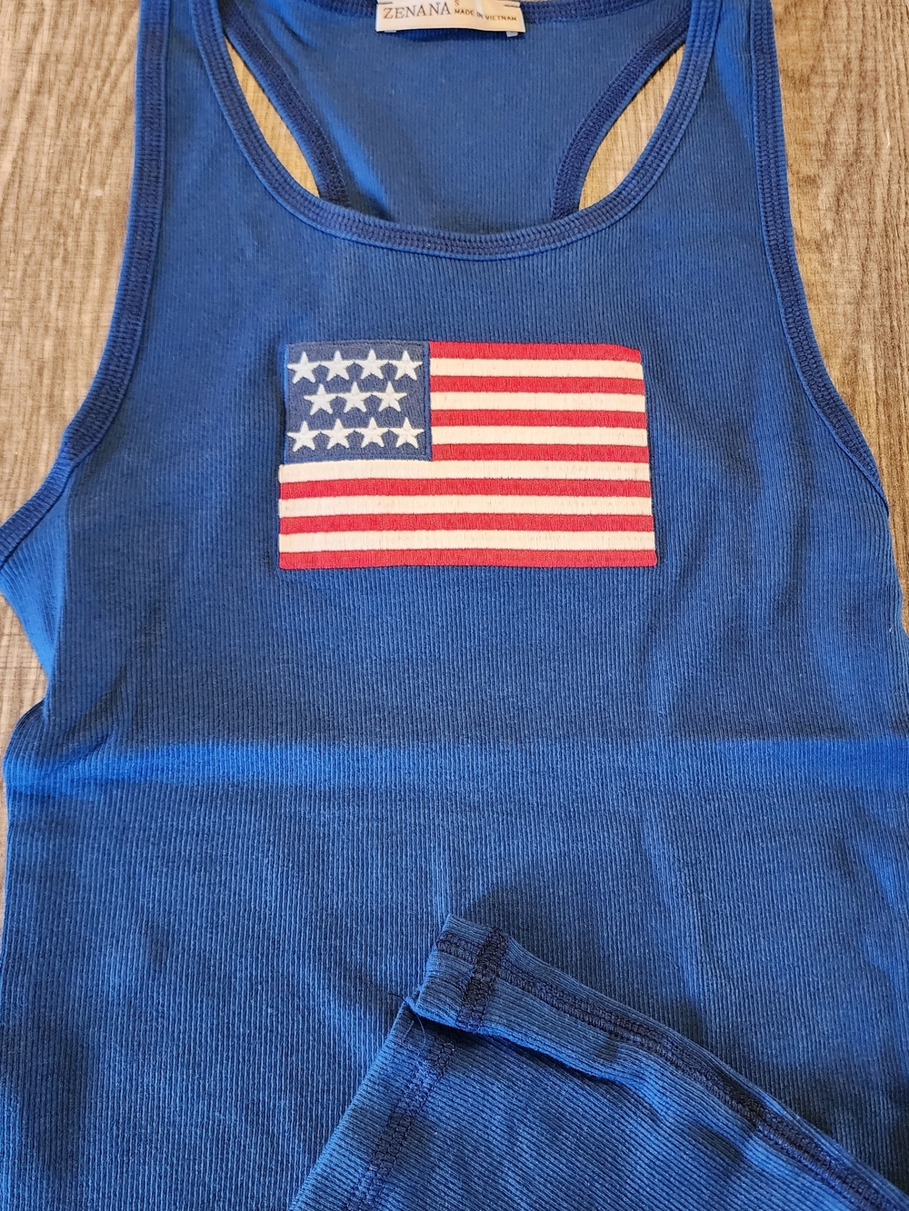 ZENANA LT NAVY Ribbed Tank with American Flag Patch. USA 🇺🇲 Razerback - Picture 3 of 4